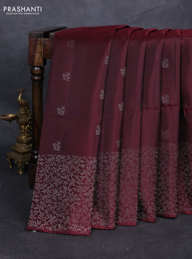 Pure soft silk saree deep maroon with silver zari woven buttas and silver zari woven border