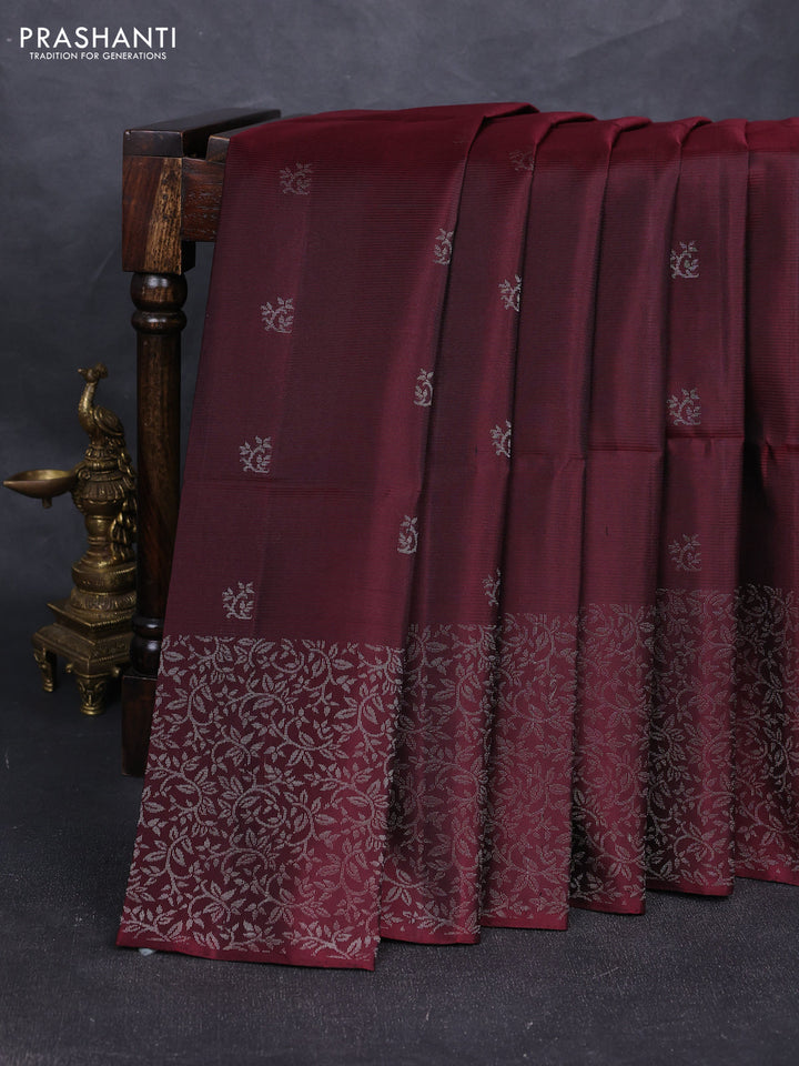 Pure soft silk saree deep maroon with silver zari woven buttas and silver zari woven border