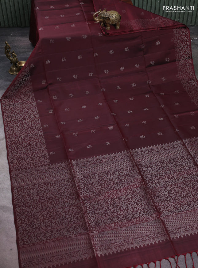 Pure soft silk saree deep maroon with silver zari woven buttas and silver zari woven border