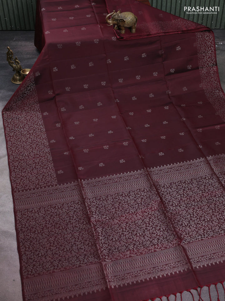 Pure soft silk saree deep maroon with silver zari woven buttas and silver zari woven border