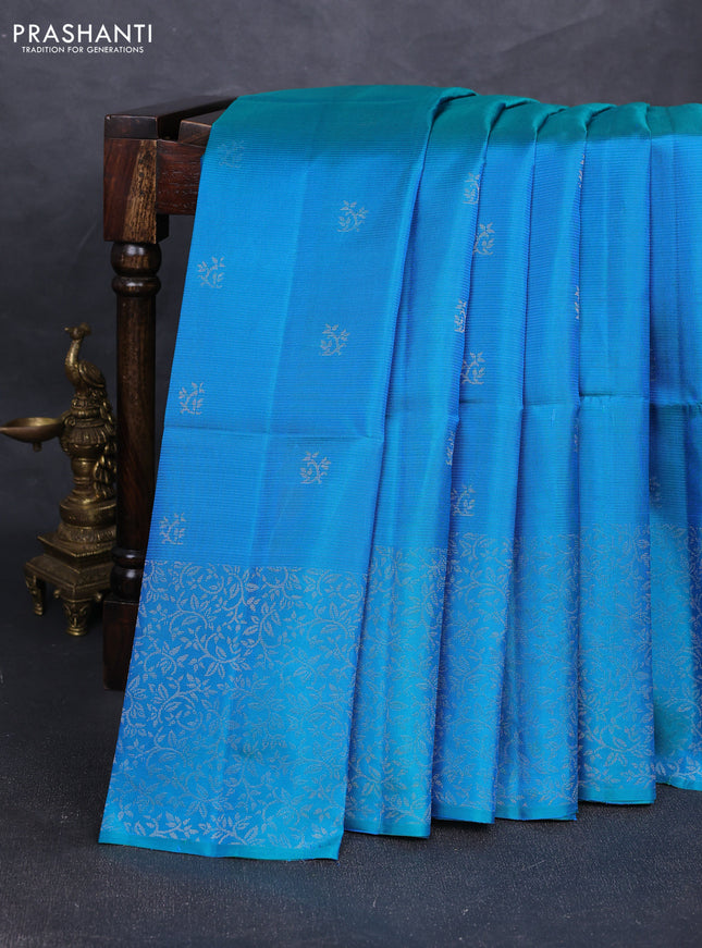 Pure soft silk saree dual shade of bluish green with silver zari woven buttas and silver zari woven border