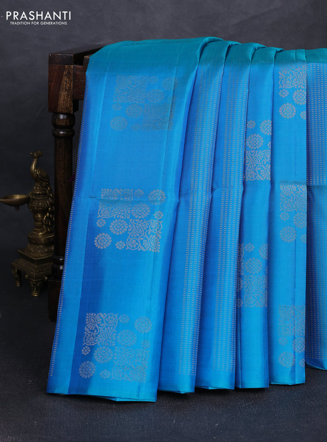 Pure soft silk saree cs blue and deep purple with allover silver zari weaves & buttas in borderless style