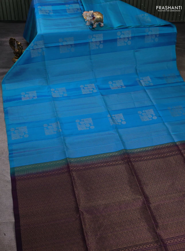 Pure soft silk saree cs blue and deep purple with allover silver zari weaves & buttas in borderless style
