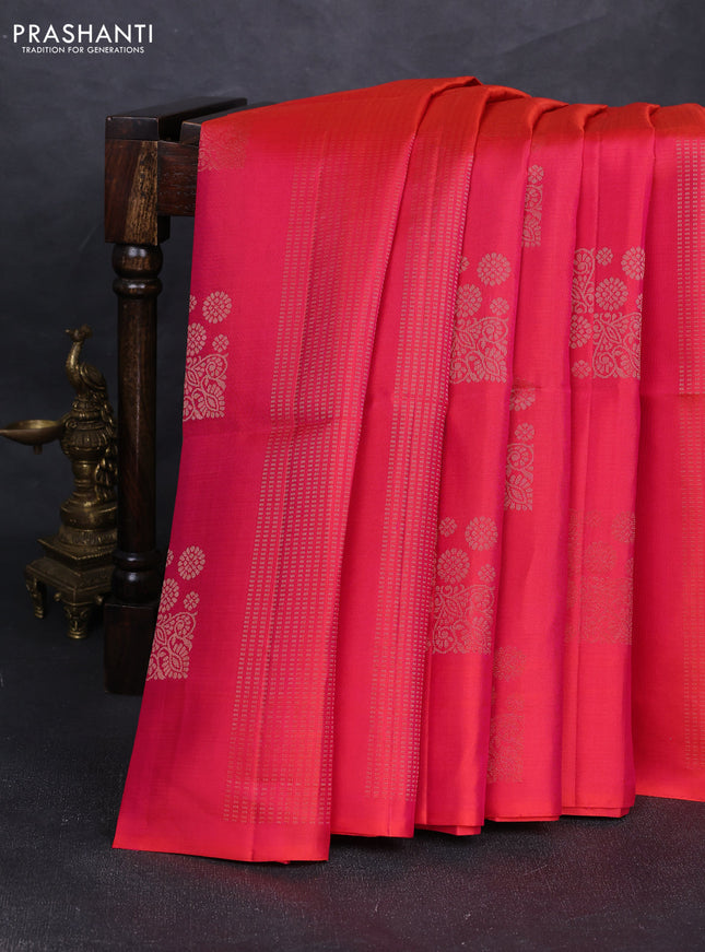 Pure soft silk saree dual shade of pinkish orange and green with allover silver zari weaves & buttas in borderless style