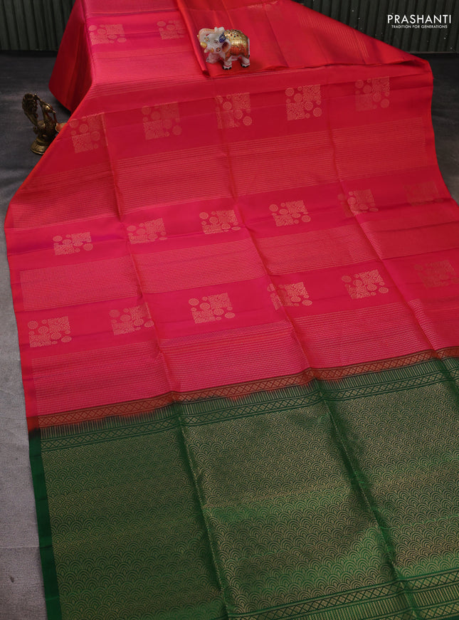 Pure soft silk saree dual shade of pinkish orange and green with allover silver zari weaves & buttas in borderless style