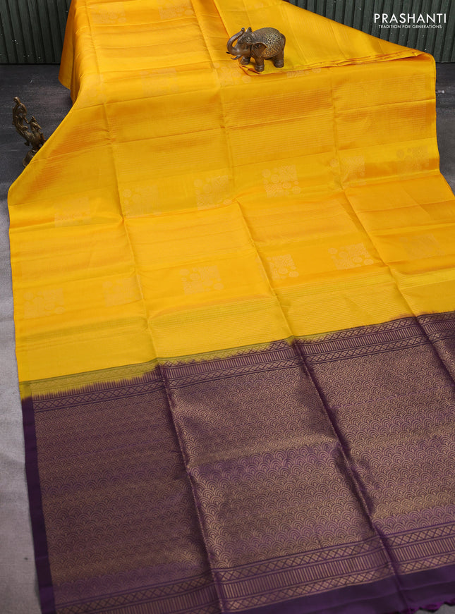 Pure soft silk saree yellow and purple with allover silver zari weaves & buttas in borderless style