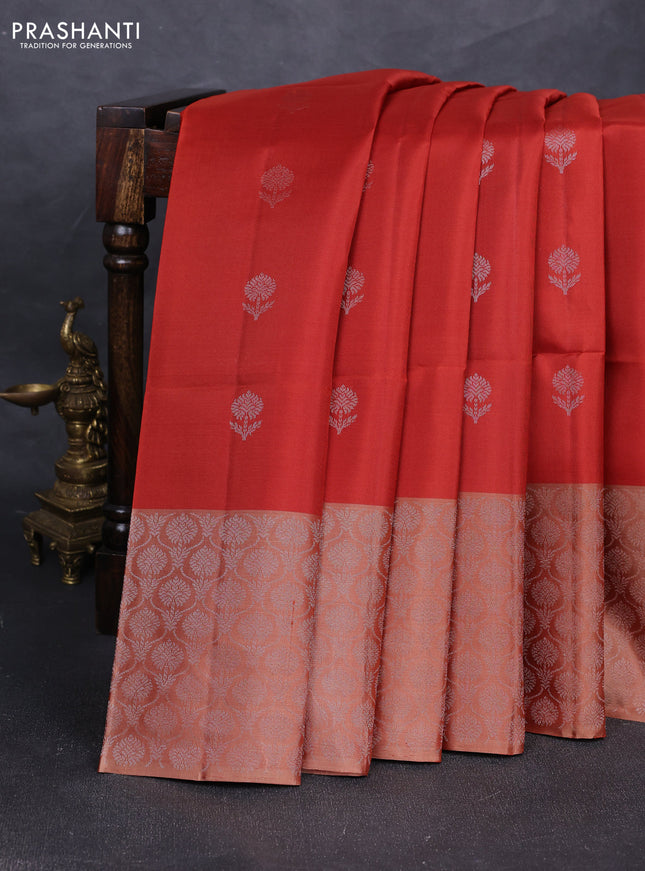 Pure soft silk saree rustic orange and pastel brown with silver zari woven buttas and silver zari woven border