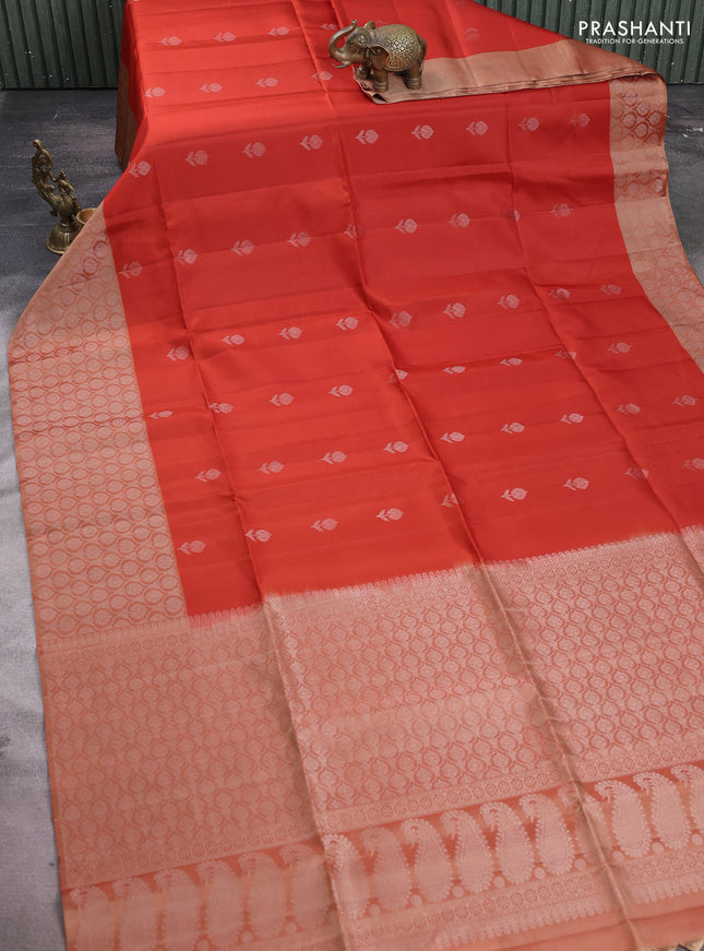 Pure soft silk saree rustic orange and pastel brown with silver zari woven buttas and silver zari woven border