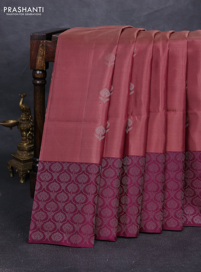 Pure soft silk saree rosy brown and purple with silver zari woven buttas and silver zari woven border
