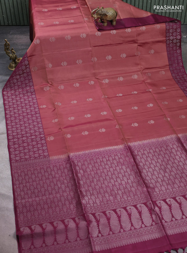 Pure soft silk saree rosy brown and purple with silver zari woven buttas and silver zari woven border