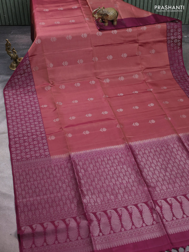 Pure soft silk saree rosy brown and purple with silver zari woven buttas and silver zari woven border