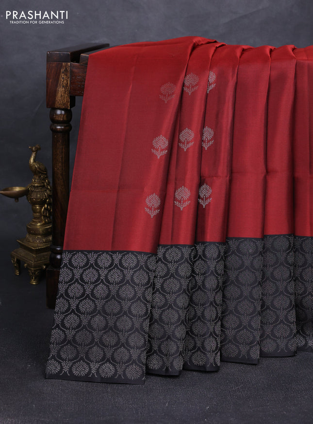 Pure soft silk saree maroon and black with silver zari woven buttas and silver zari woven border