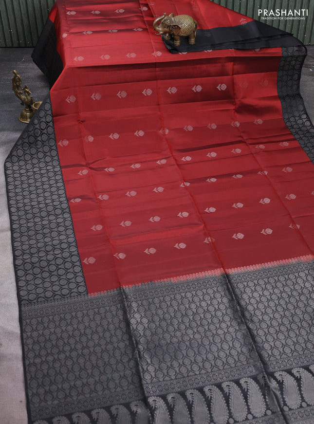 Pure soft silk saree maroon and black with silver zari woven buttas and silver zari woven border