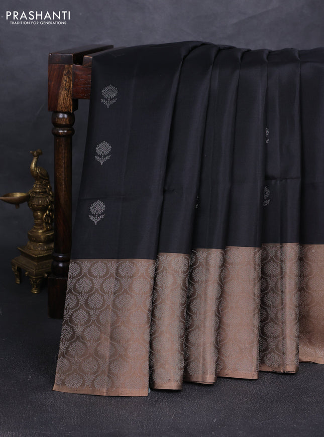 Pure soft silk saree black and chikku shade with silver zari woven buttas and silver zari woven border
