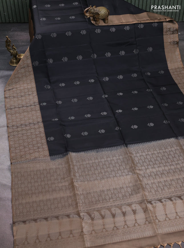 Pure soft silk saree black and chikku shade with silver zari woven buttas and silver zari woven border