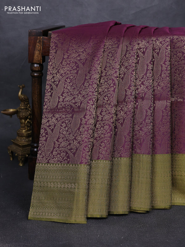 Pure soft silk saree wine shad and mehendi green with allover zari woven brocade weaves and zari woven border