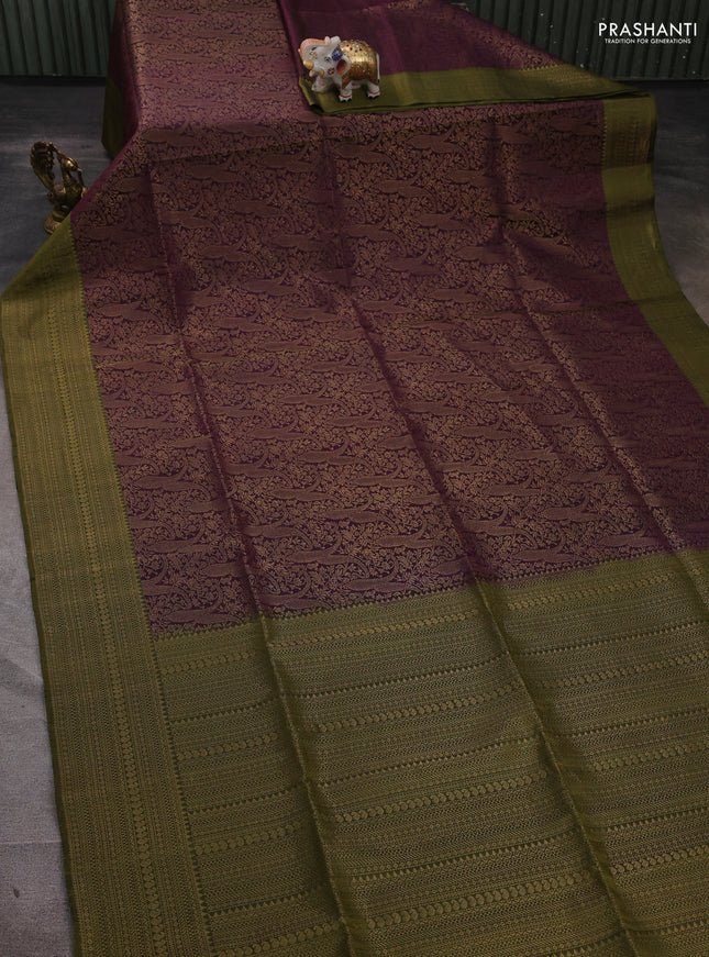 Pure soft silk saree wine shad and mehendi green with allover zari woven brocade weaves and zari woven border