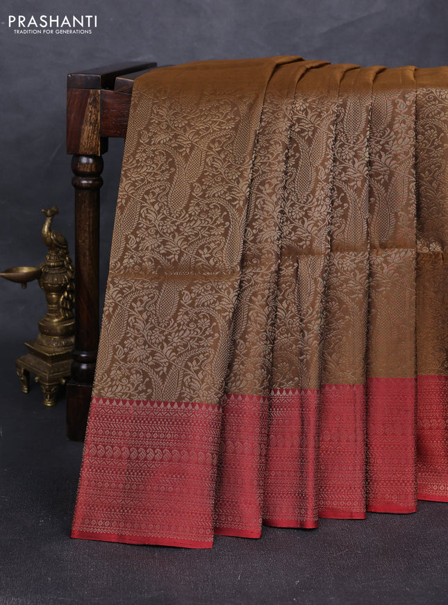 Pure soft silk saree brown shade and maroon with allover zari woven brocade weaves and zari woven border