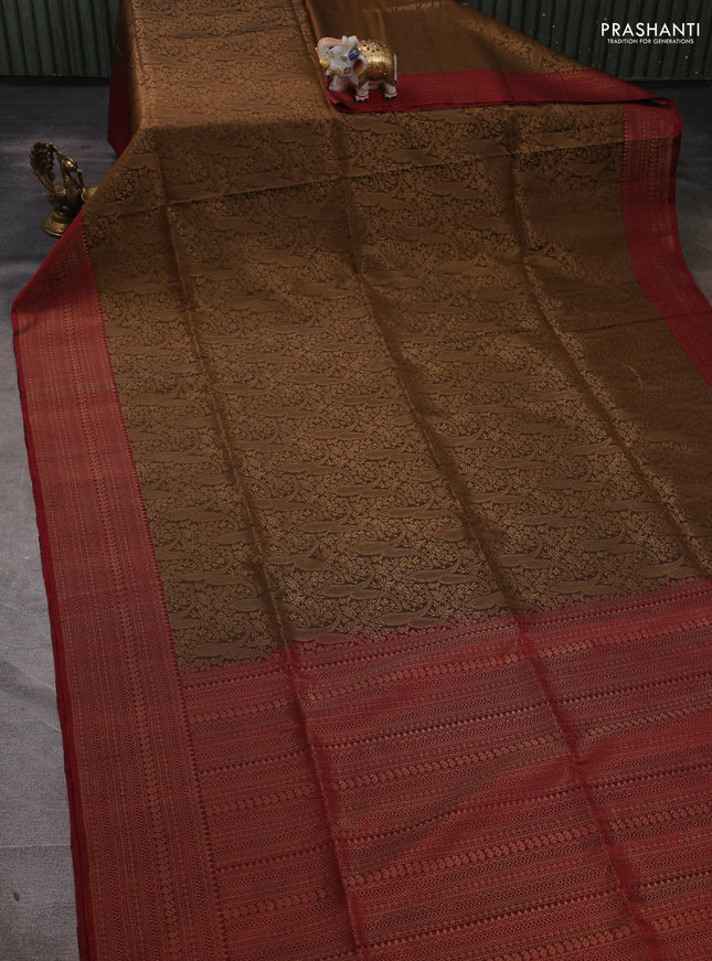 Pure soft silk saree brown shade and maroon with allover zari woven brocade weaves and zari woven border