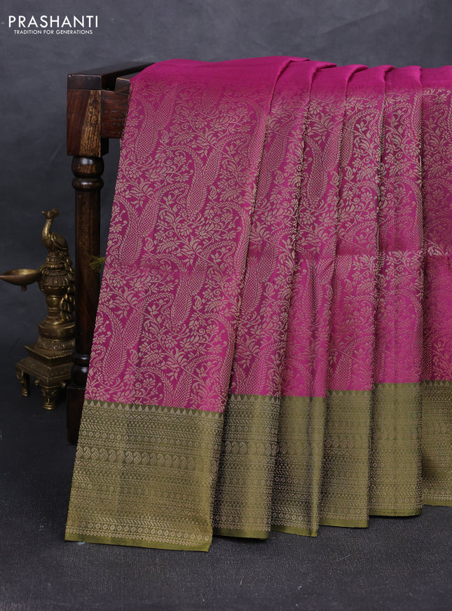 Pure soft silk saree purple and mehendi green with allover zari woven brocade weaves and zari woven border