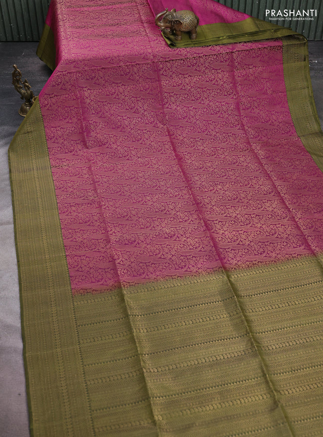 Pure soft silk saree purple and mehendi green with allover zari woven brocade weaves and zari woven border