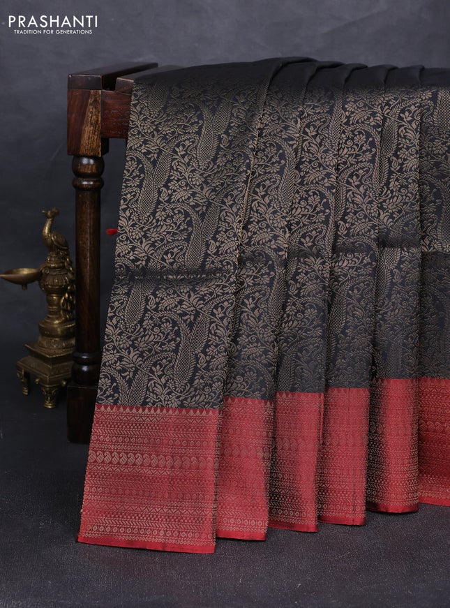 Pure soft silk saree black and maroon with allover zari woven brocade weaves and zari woven border