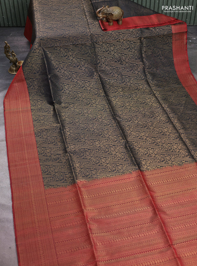 Pure soft silk saree black and maroon with allover zari woven brocade weaves and zari woven border