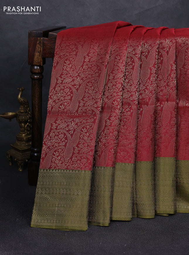 Pure soft silk saree maroon and mehendi green with allover zari woven brocade weaves and zari woven border