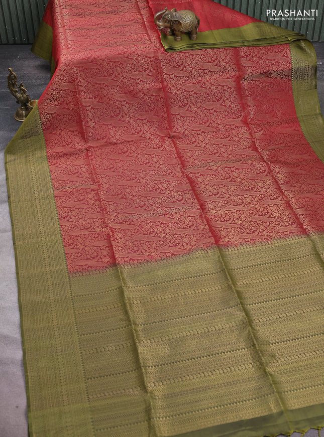 Pure soft silk saree maroon and mehendi green with allover zari woven brocade weaves and zari woven border