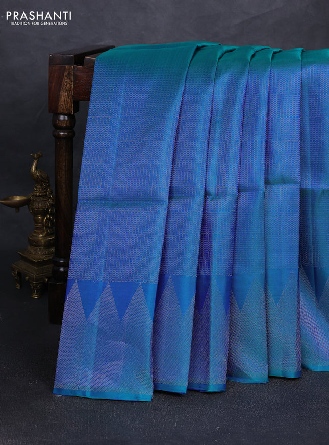 Pure soft silk saree dual shade of bluish green with allover silver zari woven small checked pattern and silver zari woven border