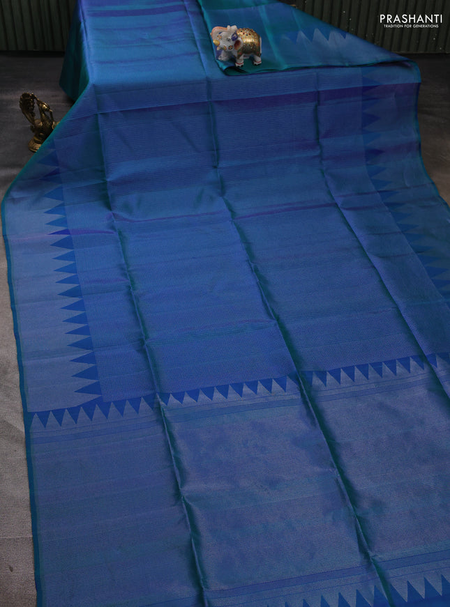 Pure soft silk saree dual shade of bluish green with allover silver zari woven small checked pattern and silver zari woven border