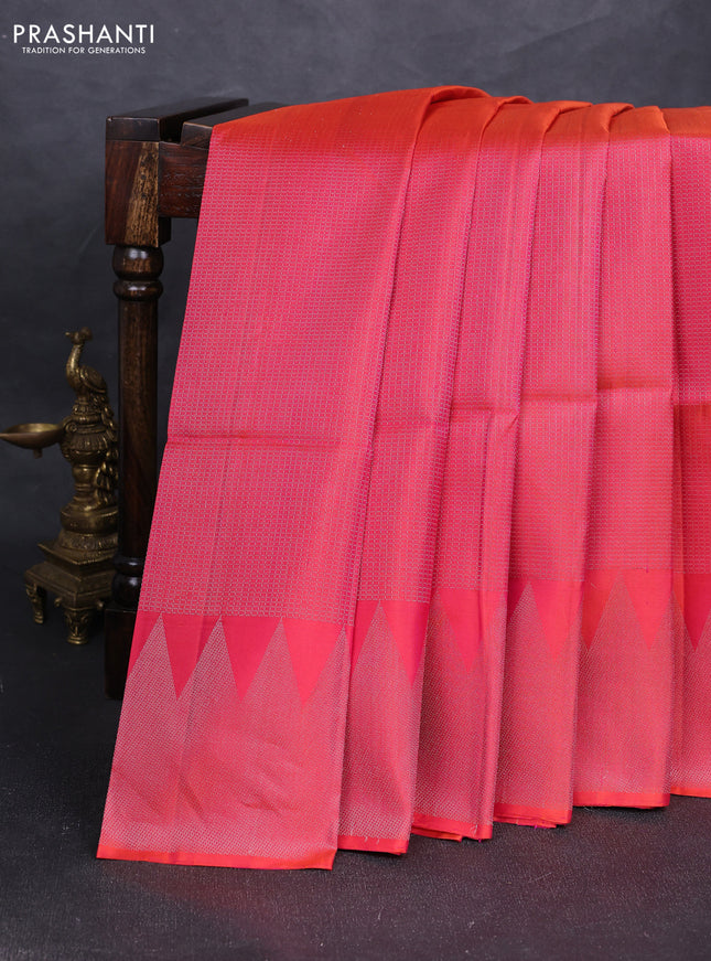 Pure soft silk saree dual shade of pink with allover silver zari woven small checked pattern and silver zari woven border