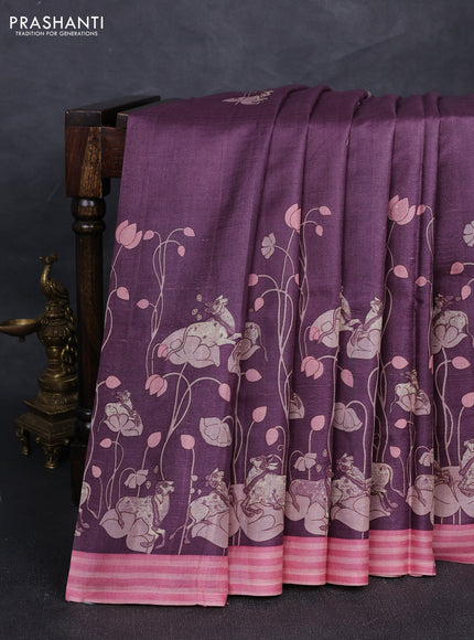 Pure tussar silk saree wine shade and light pink with allover pichwai butta prints and simple border