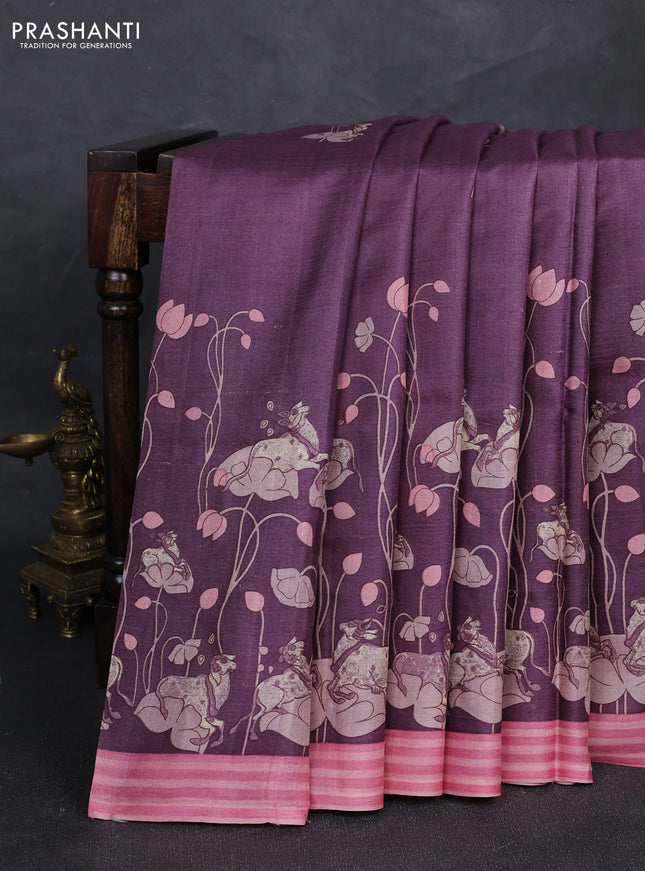 Pure tussar silk saree wine shade and light pink with allover pichwai butta prints and simple border