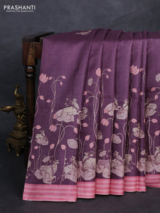 Pure tussar silk saree wine shade and light pink with allover pichwai butta prints and simple border