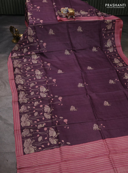 Pure tussar silk saree wine shade and light pink with allover pichwai butta prints and simple border