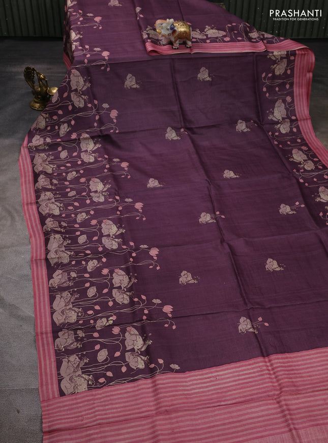 Pure tussar silk saree wine shade and light pink with allover pichwai butta prints and simple border
