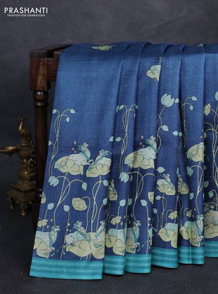 Pure tussar silk saree blue and teal green with allover pichwai butta prints and simple border