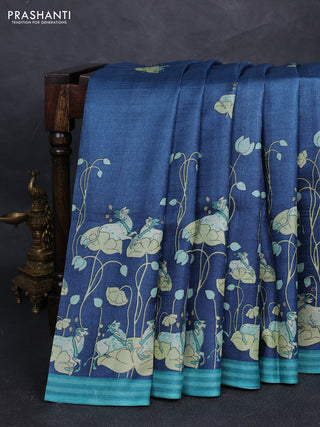 Pure tussar silk saree blue and teal green with allover pichwai butta prints and simple border