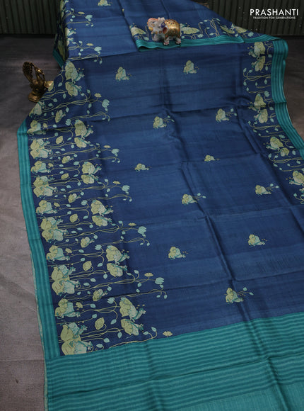 Pure tussar silk saree blue and teal green with allover pichwai butta prints and simple border