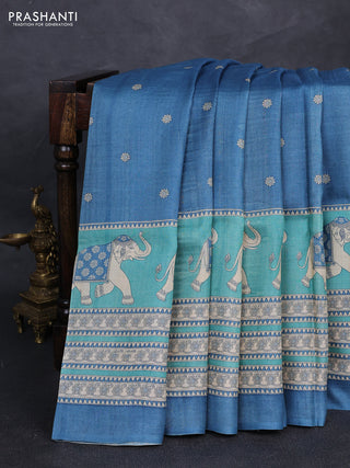 Pure tussar silk saree bluish grey and teal green shade with allover butta prints and long elephant printed border