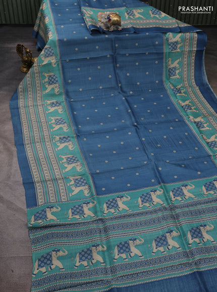 Pure tussar silk saree bluish grey and teal green shade with allover butta prints and long elephant printed border