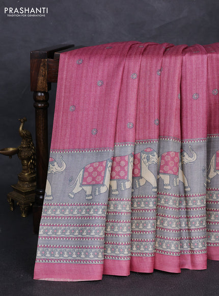 Pure tussar silk saree mauve pink and grey with allover butta prints and long elephant printed border