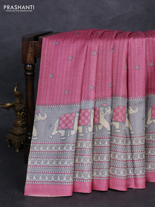 Pure tussar silk saree mauve pink and grey with allover butta prints and long elephant printed border