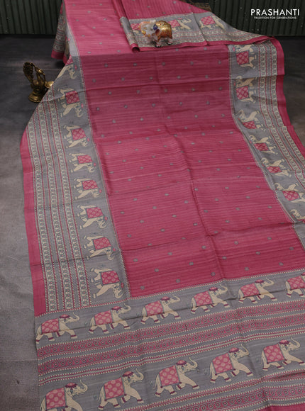Pure tussar silk saree mauve pink and grey with allover butta prints and long elephant printed border