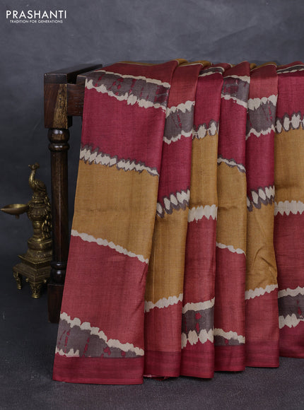 Pure tussar silk saree multi colour and maroon with allover leheriya style prints and simple border
