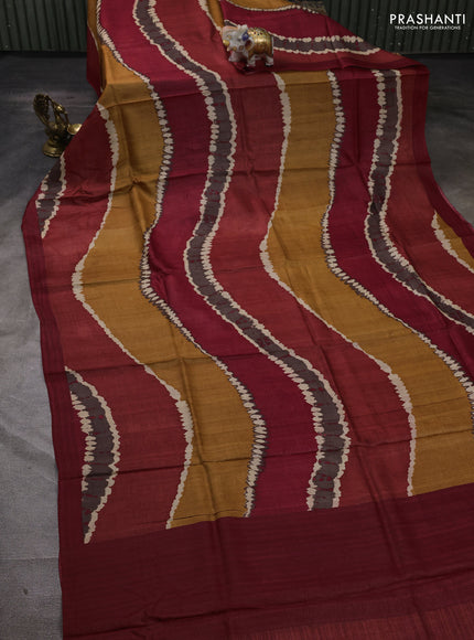 Pure tussar silk saree multi colour and maroon with allover leheriya style prints and simple border