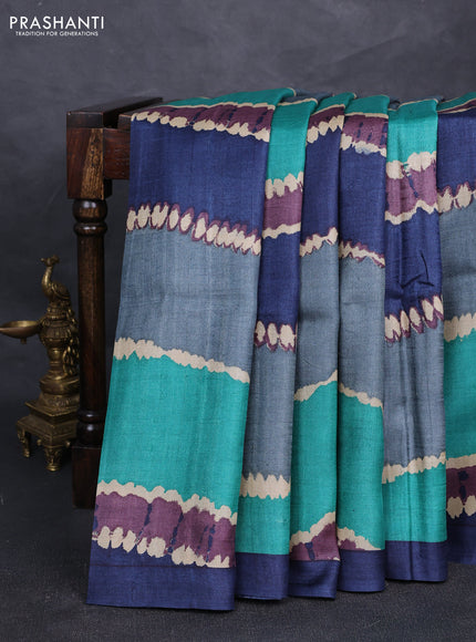 Pure tussar silk saree multi colour and navy blue with allover leheriya style prints and simple border