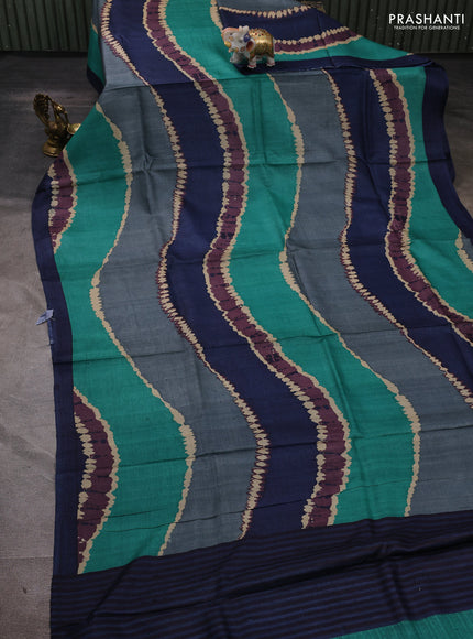 Pure tussar silk saree multi colour and navy blue with allover leheriya style prints and simple border