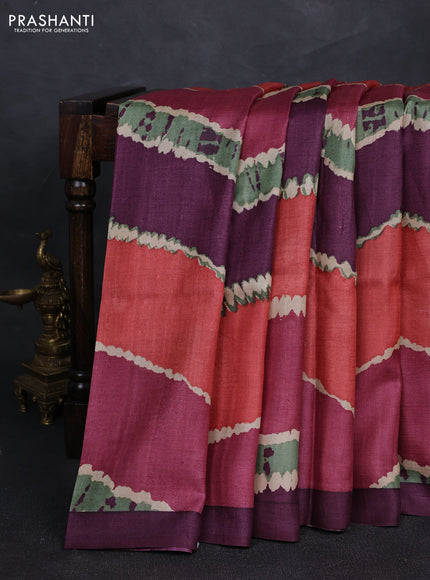 Pure tussar silk saree multi colour and wine shade with allover leheriya style prints and simple border